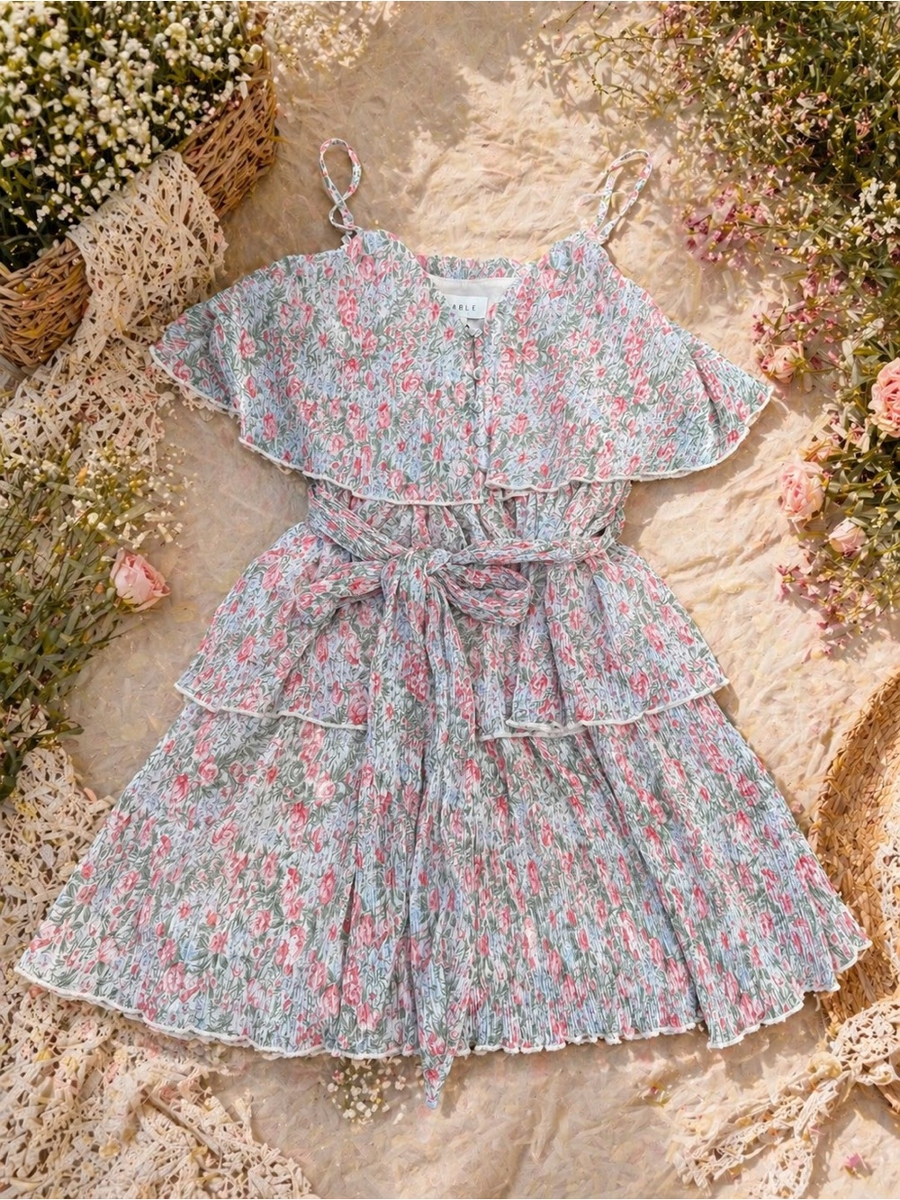 Mable Floral Tiered Ruffle Mini Dress NWT Size Small Cottagecore Boho - Picture 2 of 10